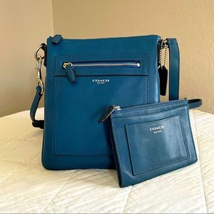 Coach leather crossbody bag & wallet, teal and silver